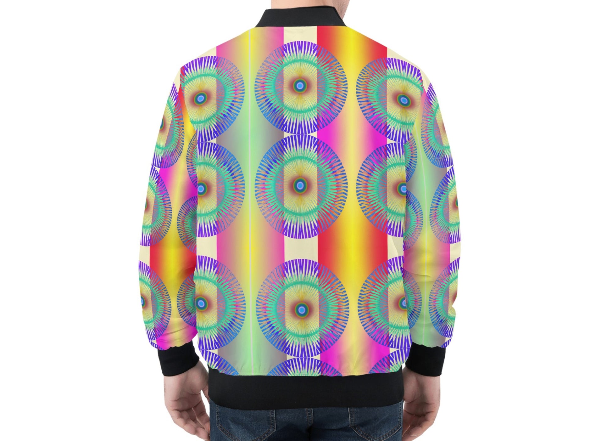 The unique and super bright psychedelic iris design covers the entire garment, adding an extra touch of uniqueness and individuality. It's nice to stand out from the crowd, and this jacket helps you do just that. Crafted with both style and comfort in mind, this bomber jacket is a must-have for those who dare to be different. Embrace the vibrant and captivating vibes of the Psychedelia Iris Men's Bomber Jacket and show off your one-of-a-kind style.