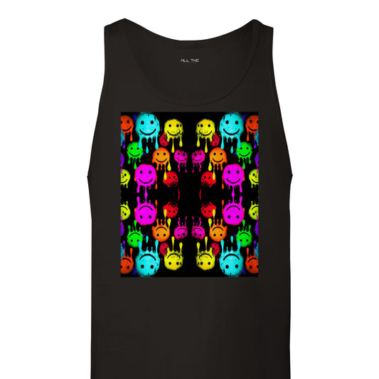 Forgo the ordinary and don this stylish unisex jersey tank top. It's got superior softness with a rounded neck and combed-ring-spun cotton. Plus, the cool graffiti print of spray-painted smileys will make you grin!