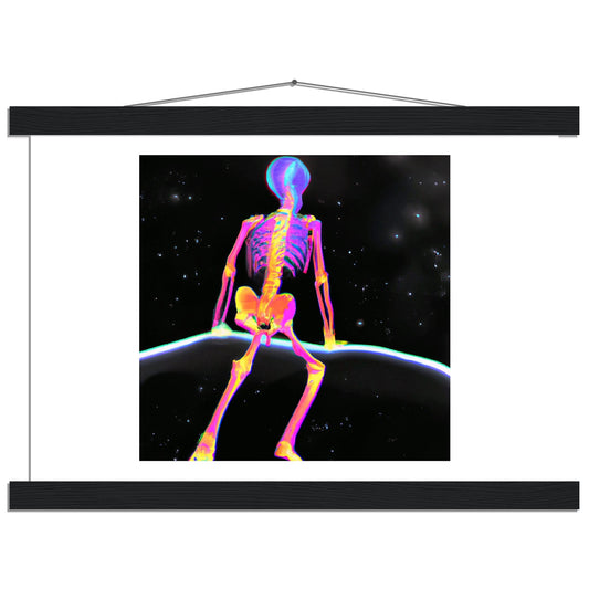 Skeleton Floating Neon Classic Matte Paper Poster with Hanger This poster with hangers has an image featuring an illuminated skeleton in a nebula space scene.