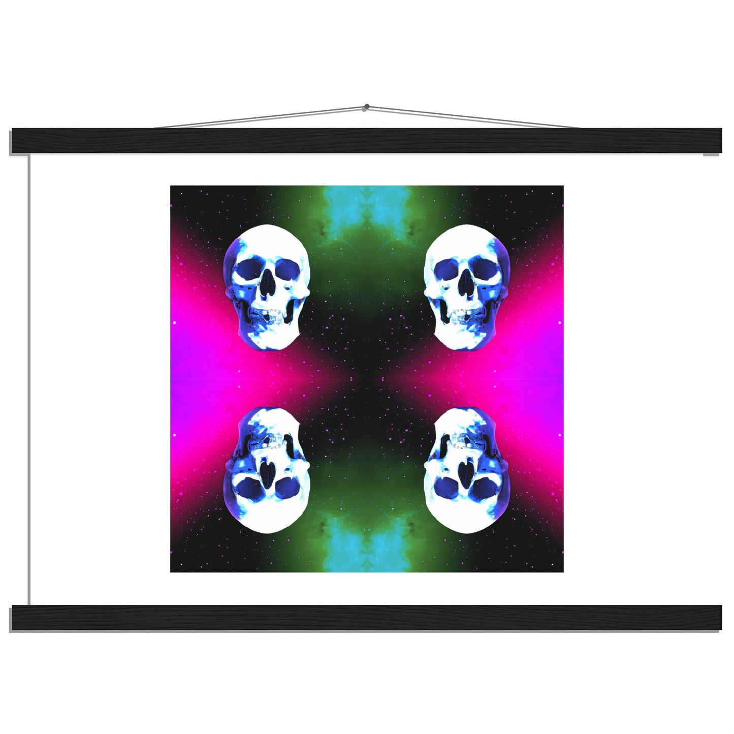 Features mirrored skulls in a cosmic purple, green and black nebula space scene.