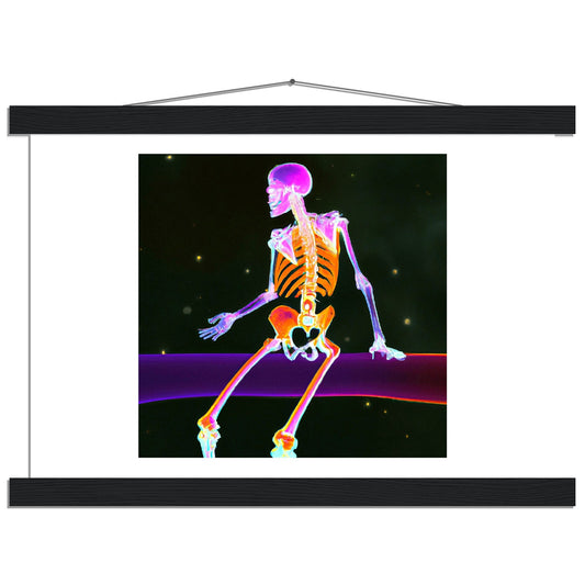 Skeleton Floating in Nebula Classic Matte Paper Poster with Hanger This poster with hangers has an image featuring a bright neon skeleton busting a move in an enticing space scene nebula.