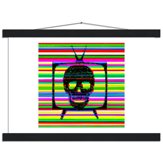 TV Death Skull Classic Matte Paper Poster with Hanger This poster with hangers has a different visual take on the traditional television test pattern and a skull escaping a vintage television set.