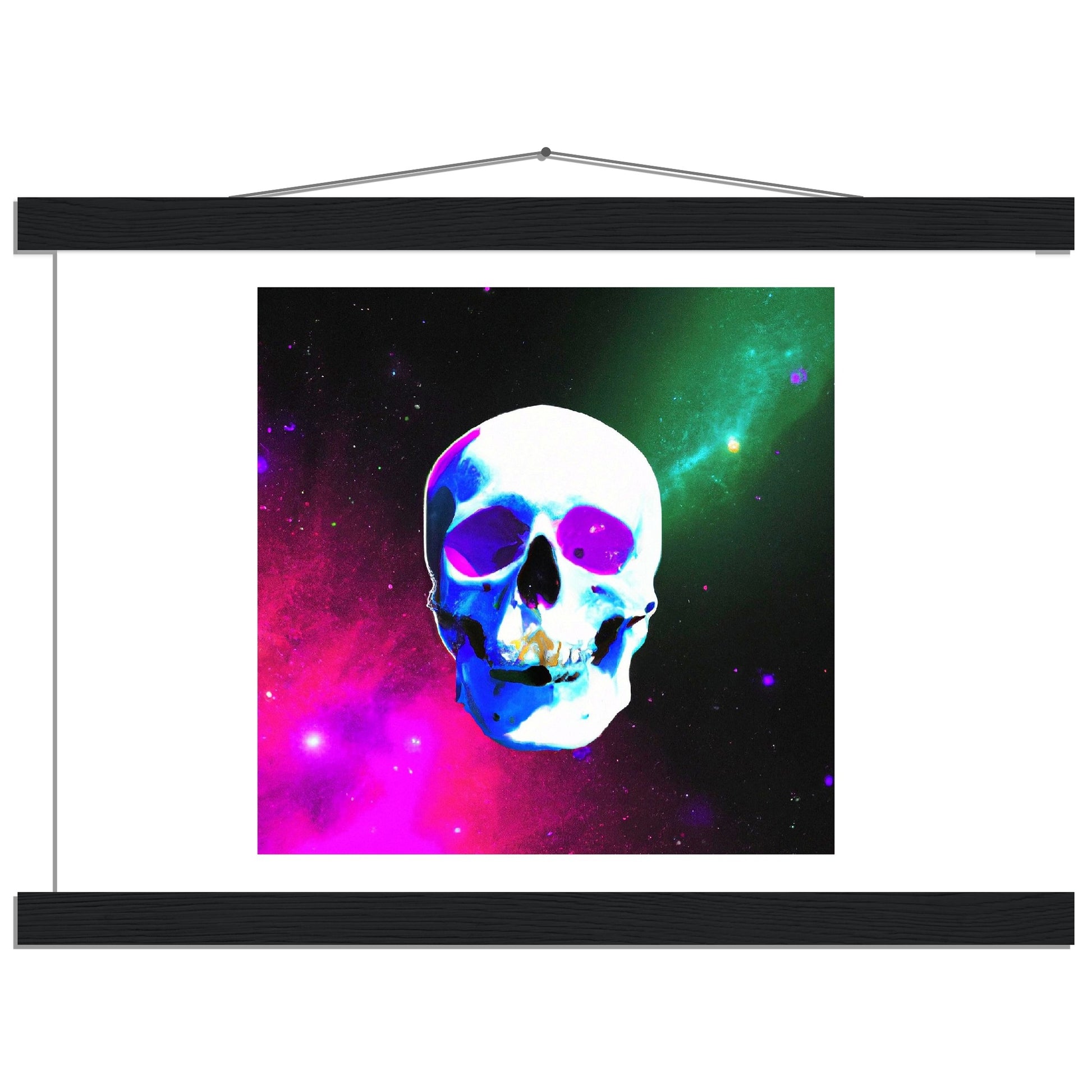 Nebula Skull Classic Matte Paper Poster with Hanger This poster with hangers has cool comic vibe of a skull within a vibrant nebula space scene.