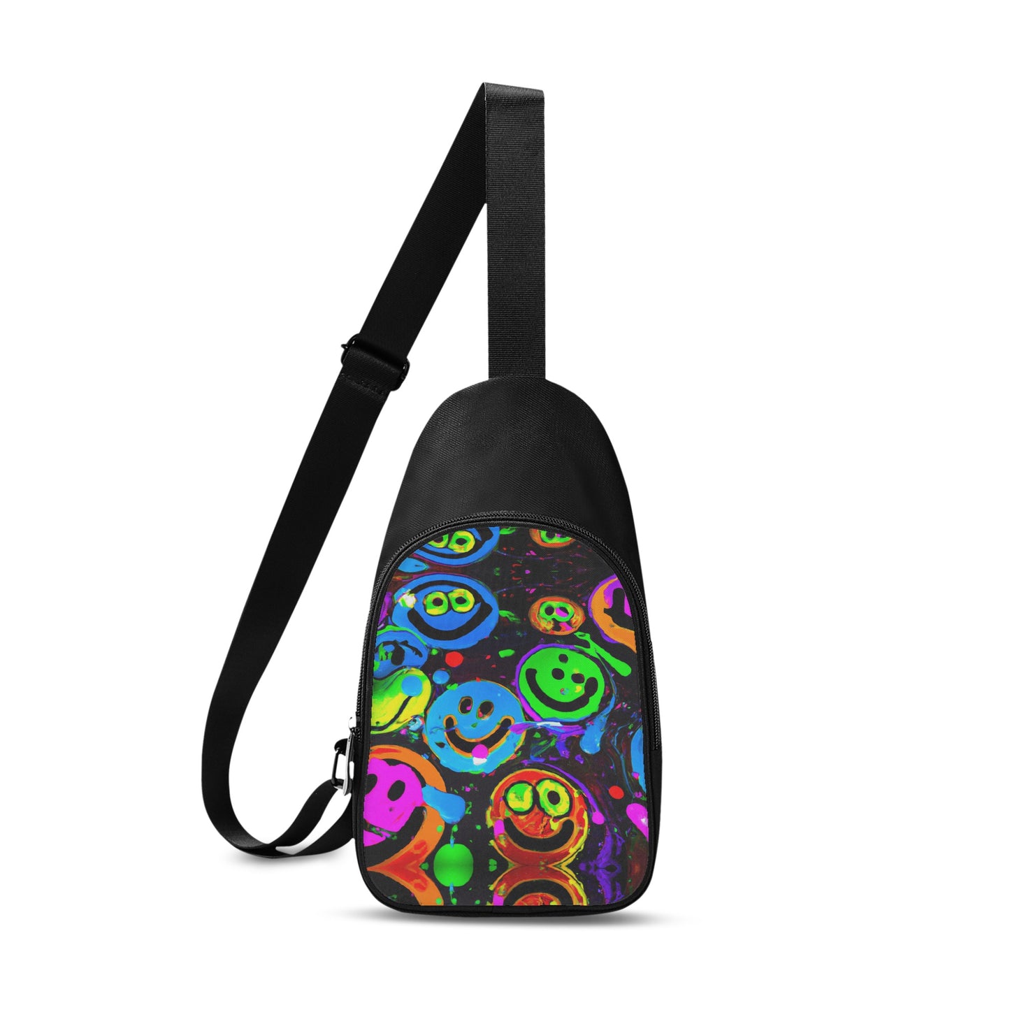All the smiles, all the time.  Brighten up your day with this statement bag.  The Neon Acid Smile Chest bag is unisex with a printed design of the coolest smiley faces around.