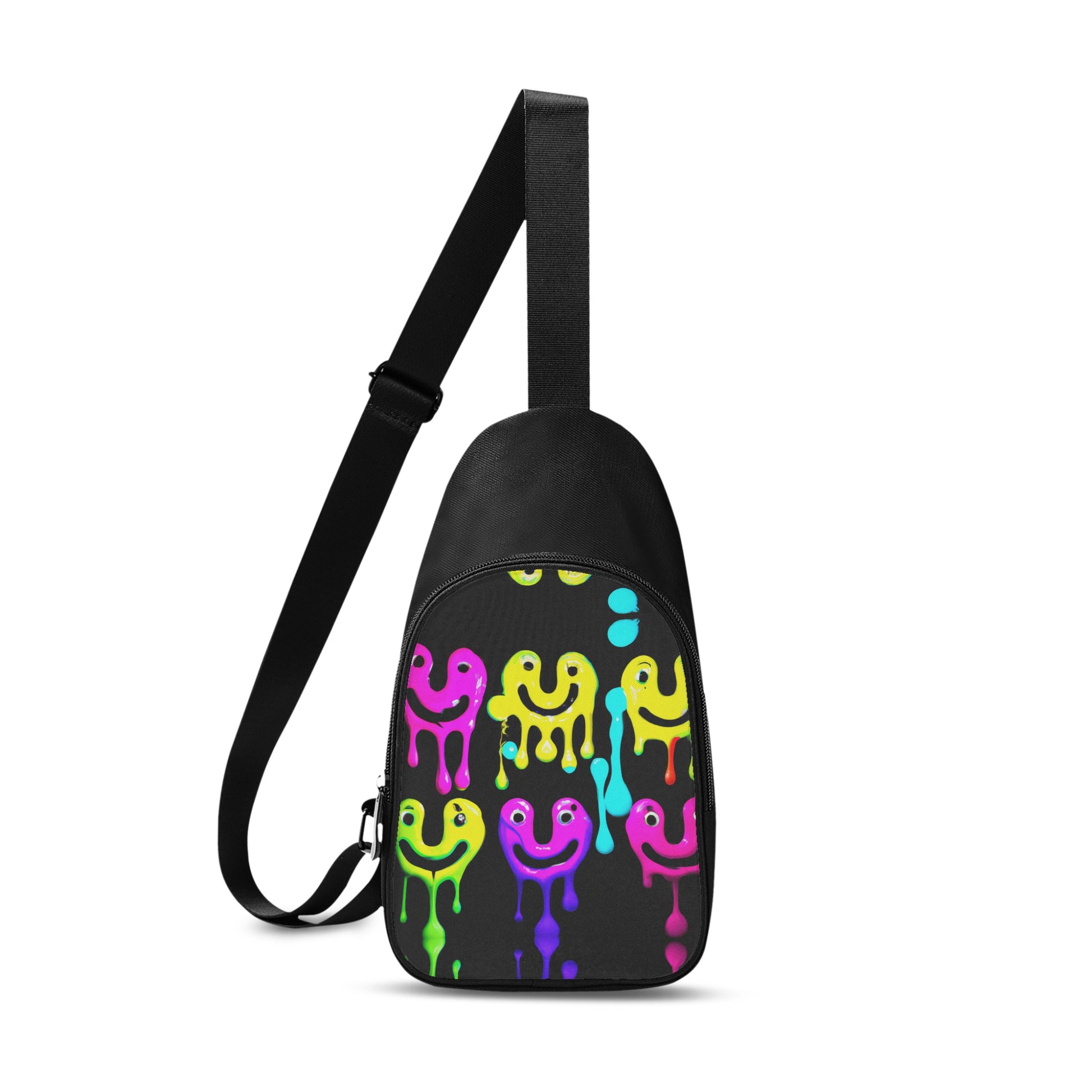 This unisex chest bag has a unique digitally printed design on the front.  The visual features colourful smiley faces that are dripping.   This cross-body bag is a funky addition to your fit rotation.