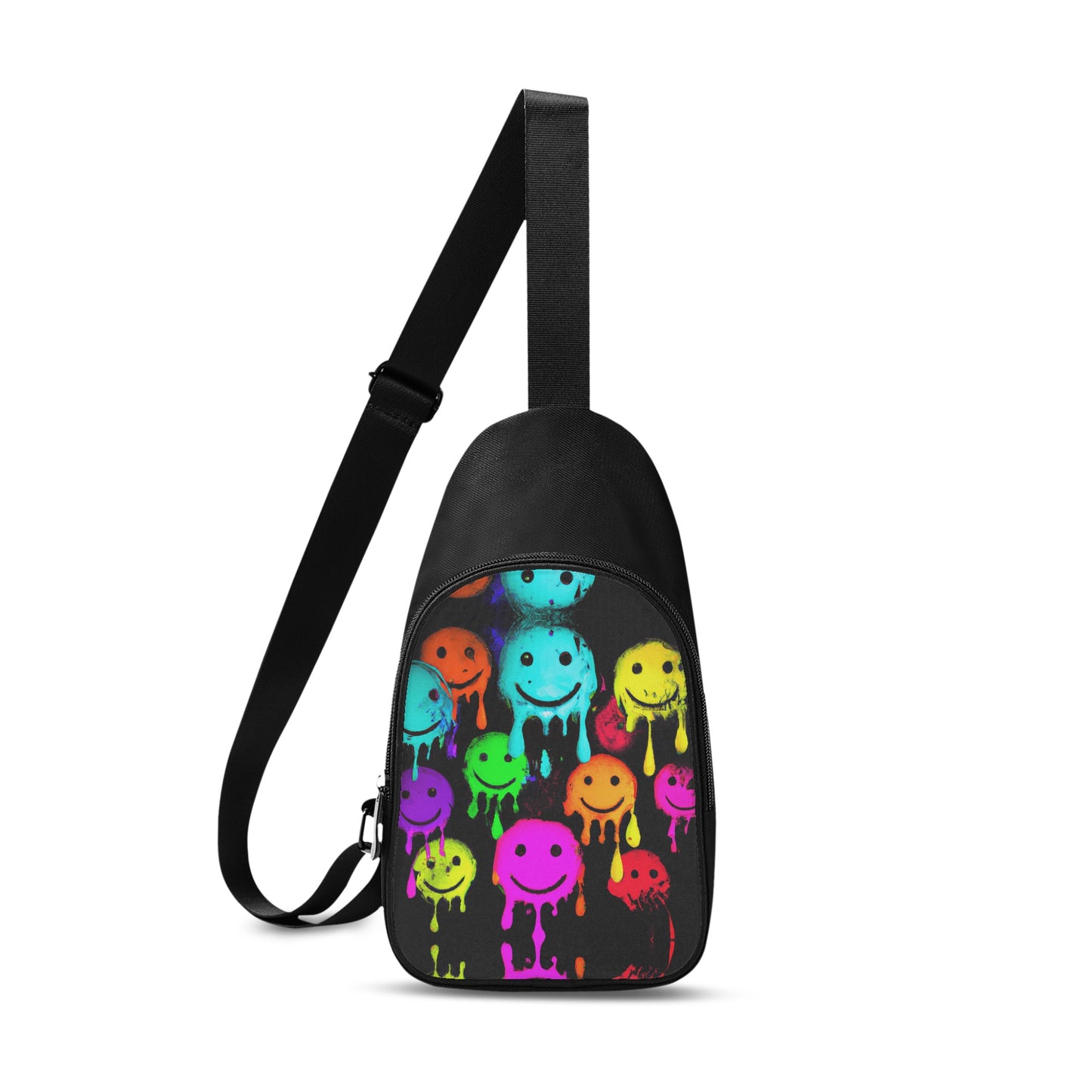 This unisex chest bag has a bright digitally printed design on the front.  The visual features a vibrant design of spray-painted smiley faces.  This cross-body bag is truly a statement piece.