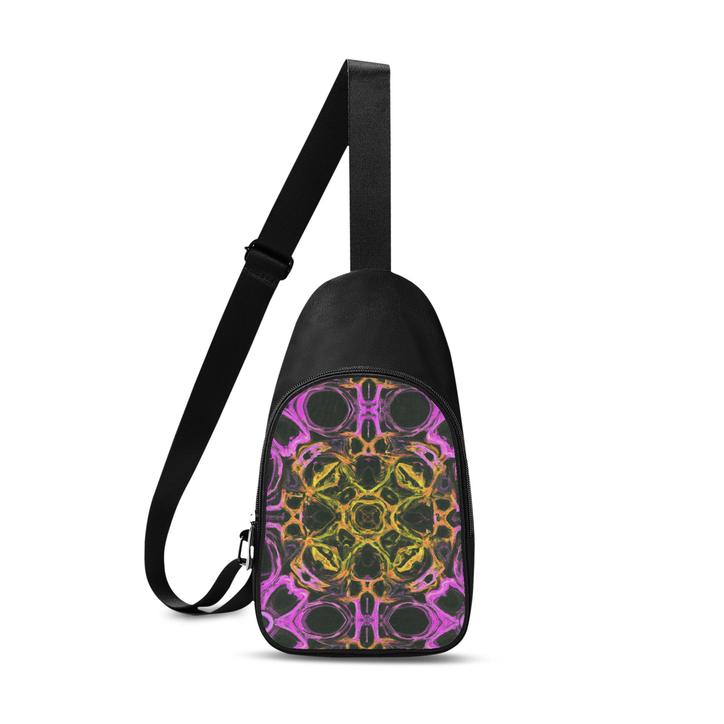 This unisex chest bag captivates onlookers with its dazzling digitally printed design on the front, depicting an enticing purple honeycomb motif inspired by psychedelia.