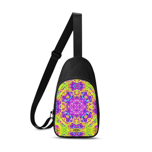 Need a new cross-body bag that is a total vibe, this is it!  This unisex chest bag has a vibrant digitally printed design on the front.  The visual is epically unique and hypnotic psychedelia mania design. 