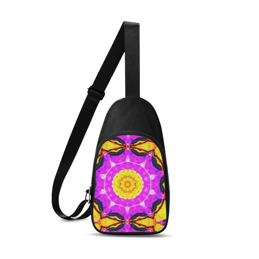 This unisex chest bag has a dynamic digitally printed design on the front.  The visual features a standout and bold psychedelia passionfruit design.