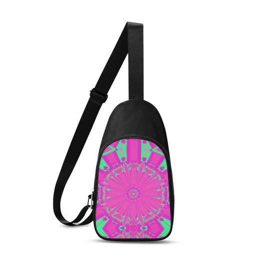 This unisex chest bag has a super bright digitally printed design on the front.  The visual features an edgy and hypnotic psychedelia purple and cyan touches design. 