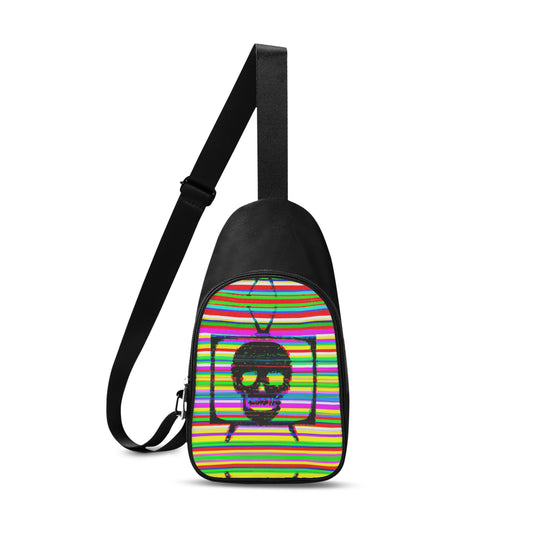 Cross body bags never looked more street chic than this.  This unisex chest bag has a different visual take on the traditional television test pattern and a skull in a vibrant design.  Featuring the unique and super bright TV Death skull on the front of the chest bag.