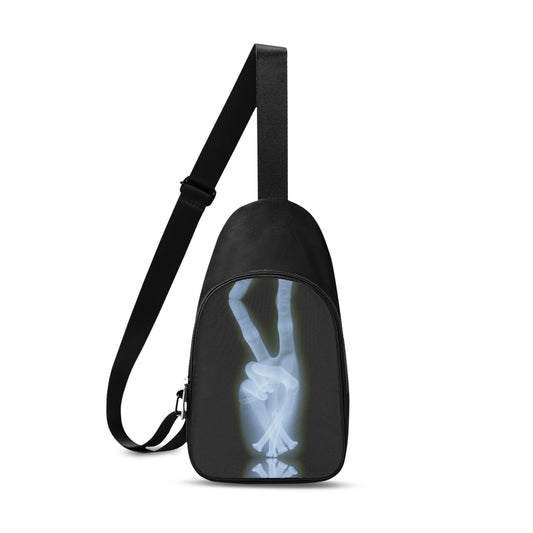 Need a fashion forward cross body bag, that is convenient and looks awesome, then this is for you.  This unisex chest bag has a cool visual of an x-ray image featuring a hand doing the peace sign.