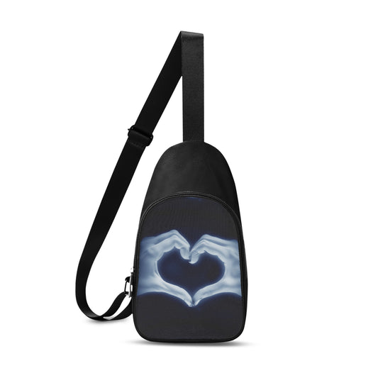 This unisex chest bag has a different visual take on an x-ray image of hands in a heart formation.  This is a cool cross body bag that shares the love.