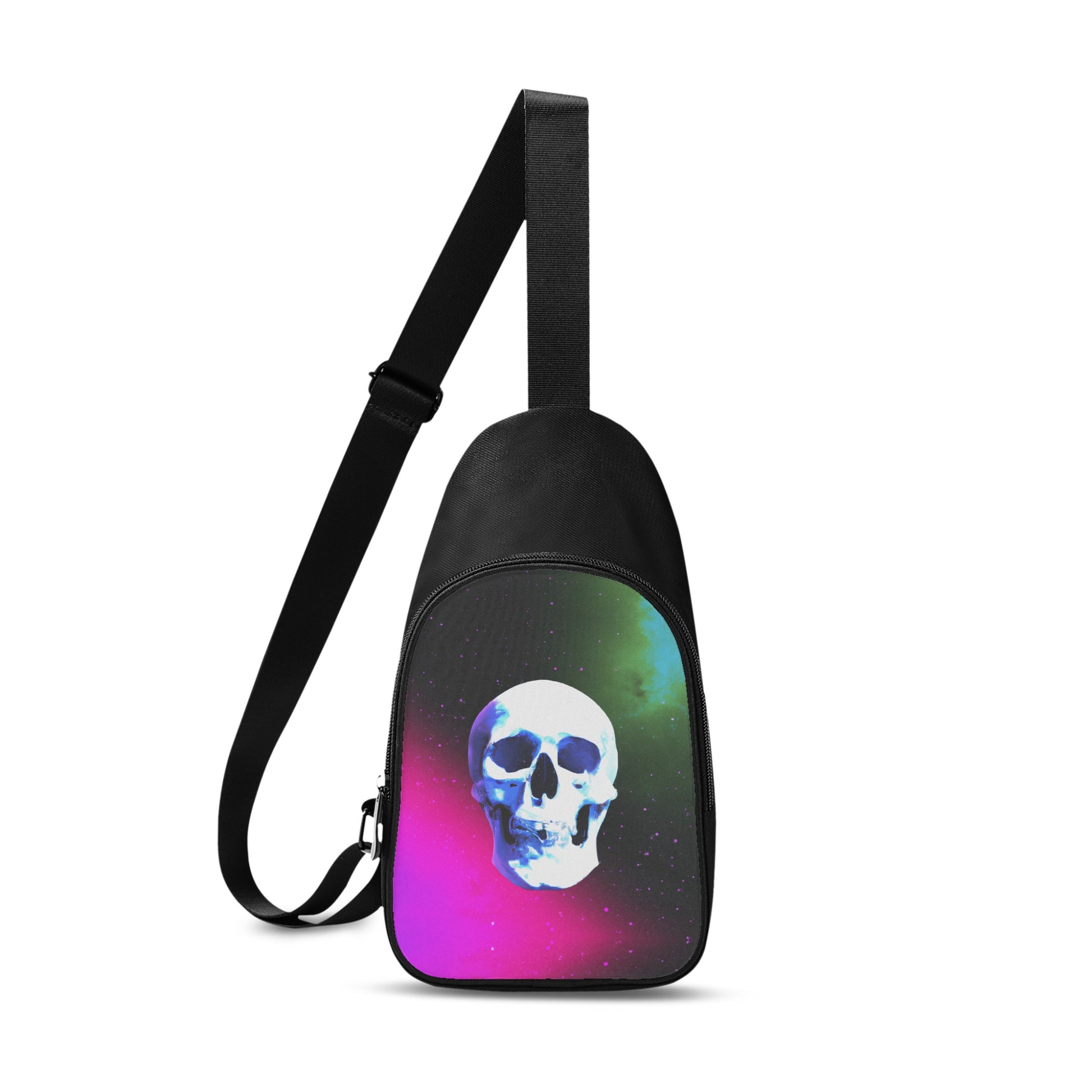 The nebula skull 1 chest bag is a unisex black chest bag with a purple and green nebula with a skull in the center of the space scene. Need a bag update?  What are you waiting for?  The Nebula Skull 1 Chest Bag is edgy and cool to look at.  This unisex chest bag has a super cool digitally printed design on the front of the bag.  The graphic is a skull in a vibrant nebula space scene. 