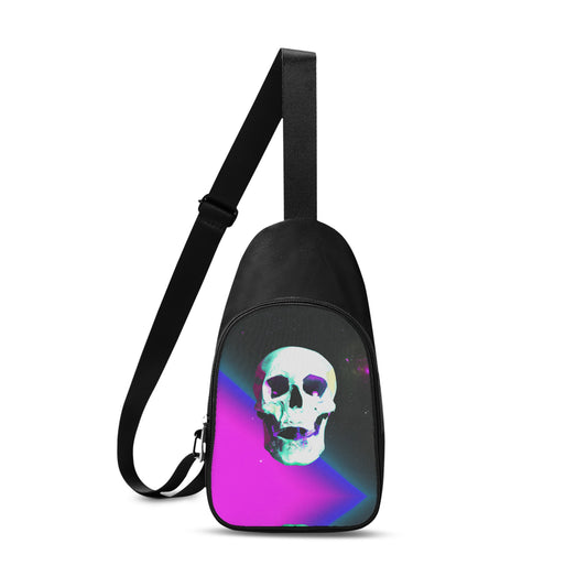 The Nebula Skull 2 Chest bag is a unisex bag with a purple, blue and black space scene with skull with its mouth open in the middle of the graphic.  Deep space nebula and skulls in has never looked cooler.  This unisex chest bag is the perfect cross body bag for you.  This bag has a vibrant digitally printed design on the front of the bag and the visual features a skull in a stella nebula space scene. 