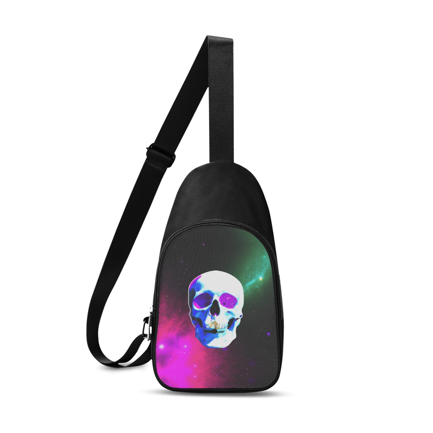 The Nebula Skull Chest bag is unisex. It has the purple and green lightening nebula graphic with a skull in the middle of it.Looking for a striking cross body bag for your fit?  Here it is. The Nebula Skull Chest bag is unisex and features a super cool digitally printed design of a skull in space on the front of the bag.