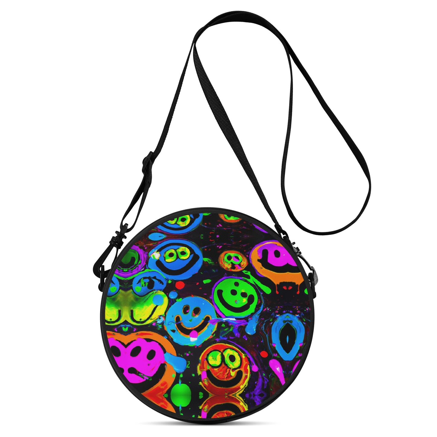 Neon Acid Smile Round Satchel Bag. This unique round satchel bag has a wild digitally printed design.  Featuring vibrant and unique visual of neon coloured smiley faces melting in acid.