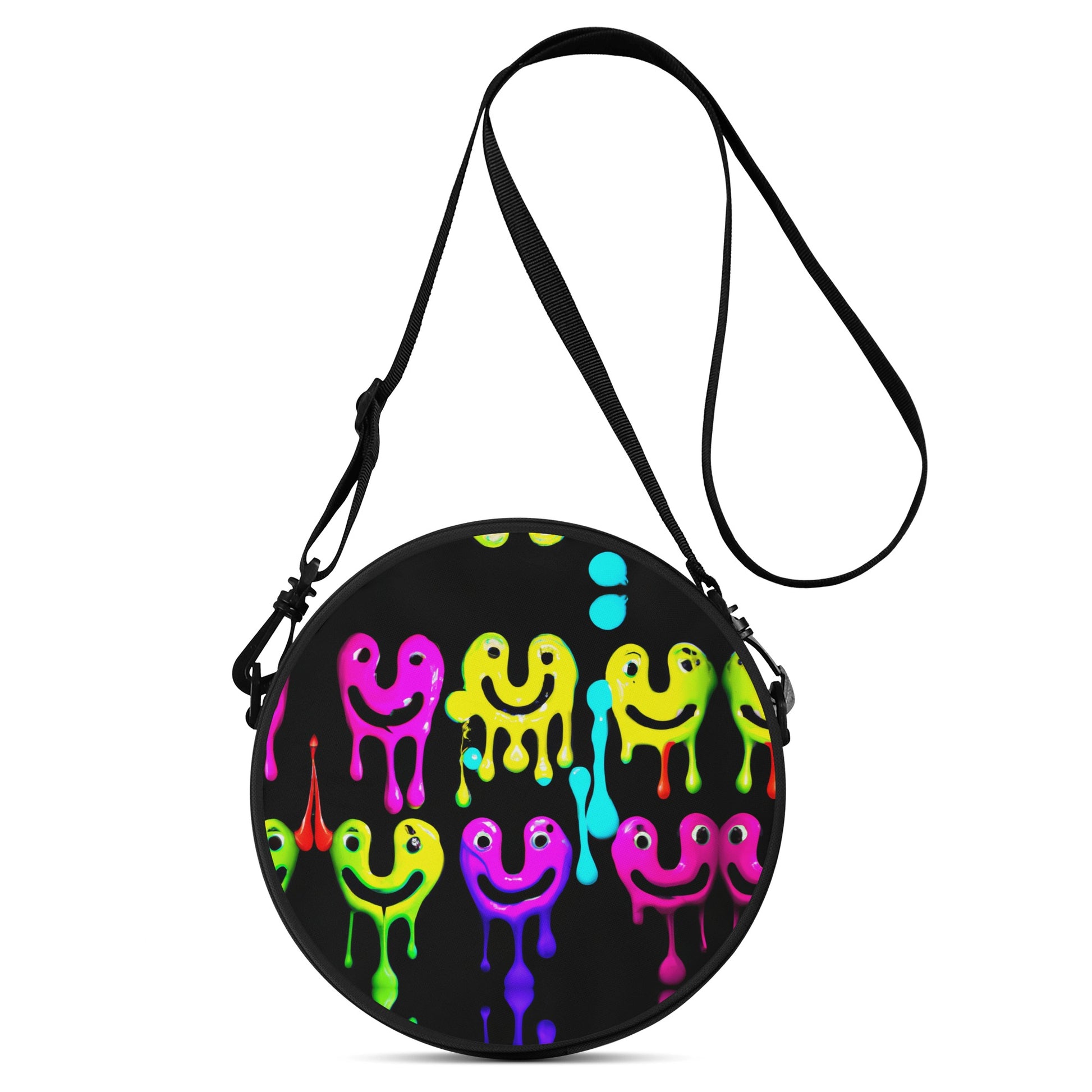 The Smile Melt Round Satchel bag is unisex. This chic round satchel bag has a vibrant digitally printed design.  Featuring a bright print of spray-painted stencil smiley faces dripping down.
