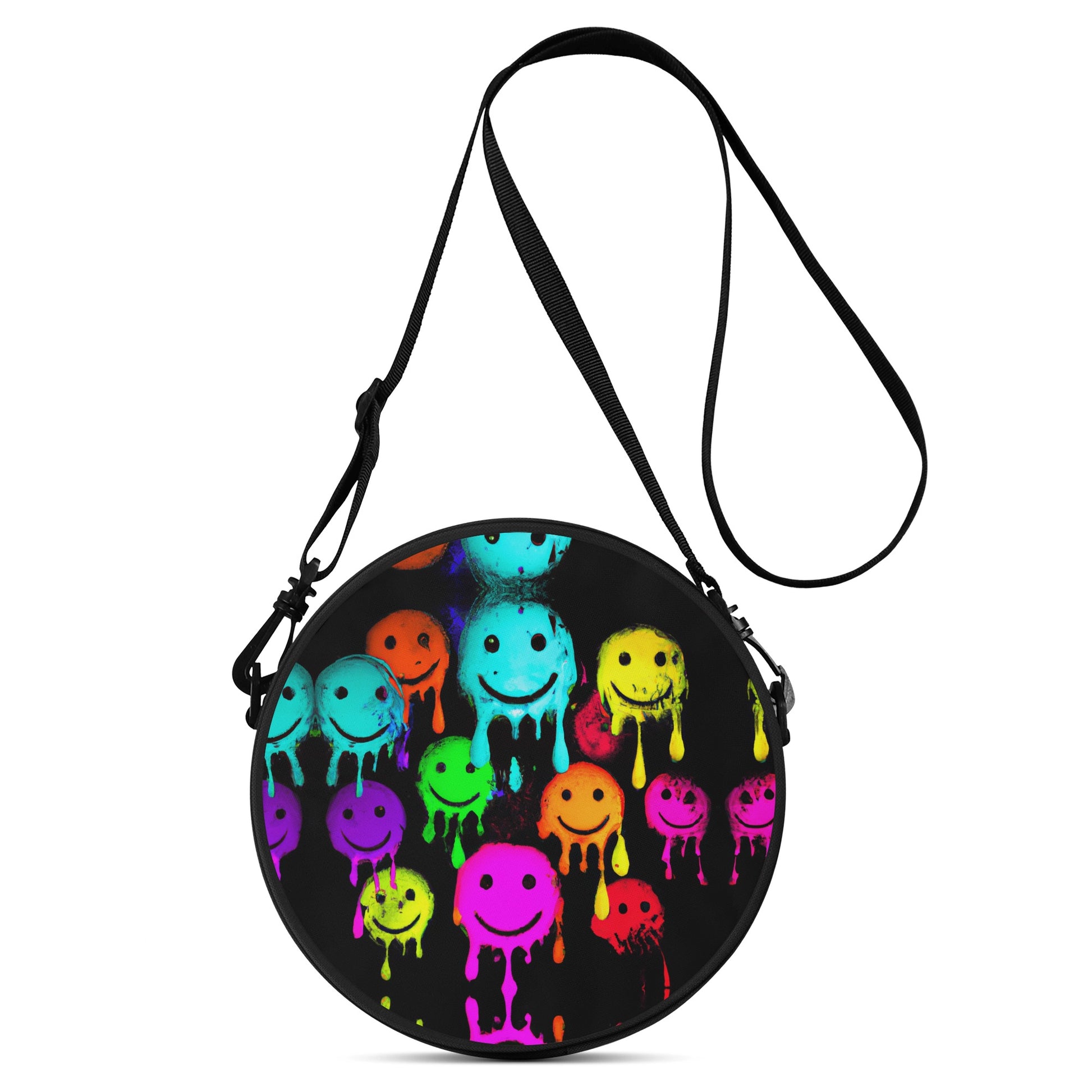 Spray Paint Smile Roud Satchel Bag is unisex. This beautiful round satchel bag is fashion forward and features a wild digitally printed design.  Stencil painted faces look super chic, bright and playful.