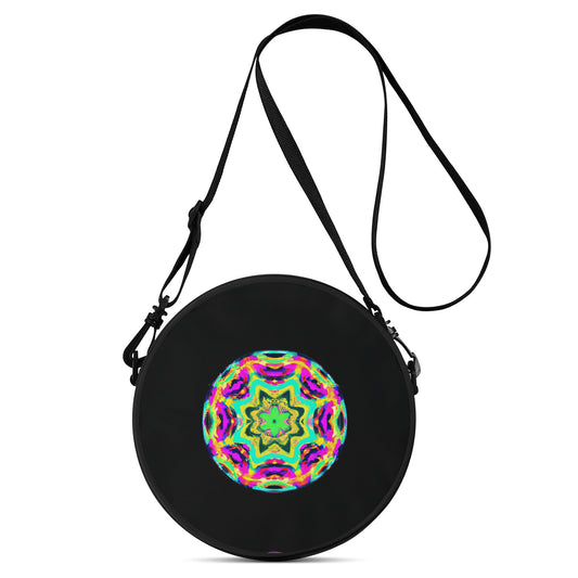 This street chic round satchel bag has an intricate digitally printed design.  Featuring a vibrantly hypnotic and unique psychedelic amnesia vortex pattern.
