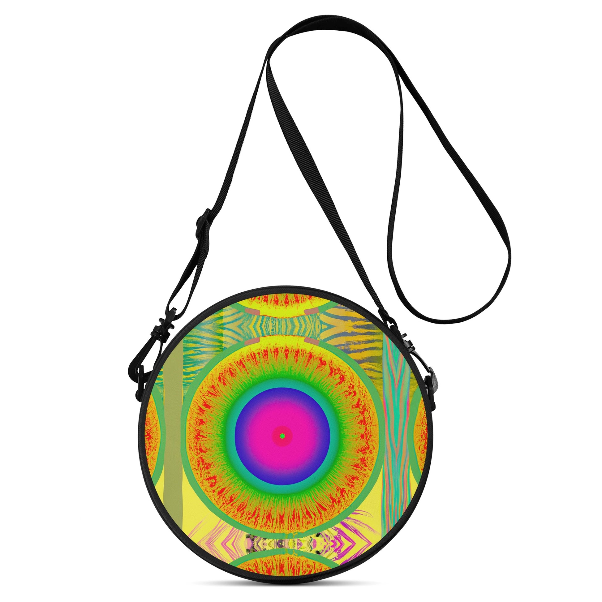 This Round Satchel Bag is a stylish accessory with a cool design that is digitally printed on the front.  Featuring a unique and multi coloured vibrant design of a psychedelic styled dimension neon burn pattern.  Perfect for any look, its eye-catching design will ensure you stand out from the crowd!