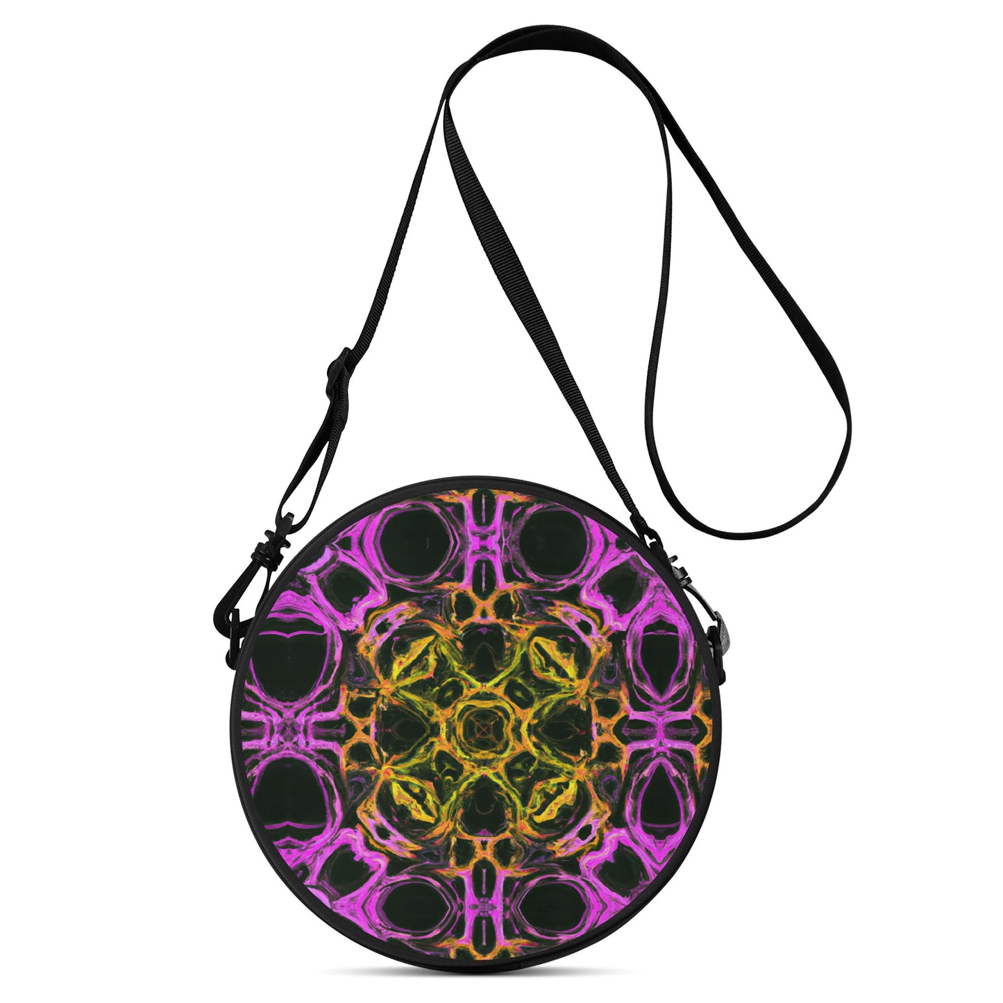 This Round Satchel Bag is a stylish accessory with a cool design that is digitally printed on the front.  Featuring a unique and multi coloured vibrant design of a psychedelia styled purple and yellow honeycomb pattern.  Unleash your creative side and make a statement with this bag!