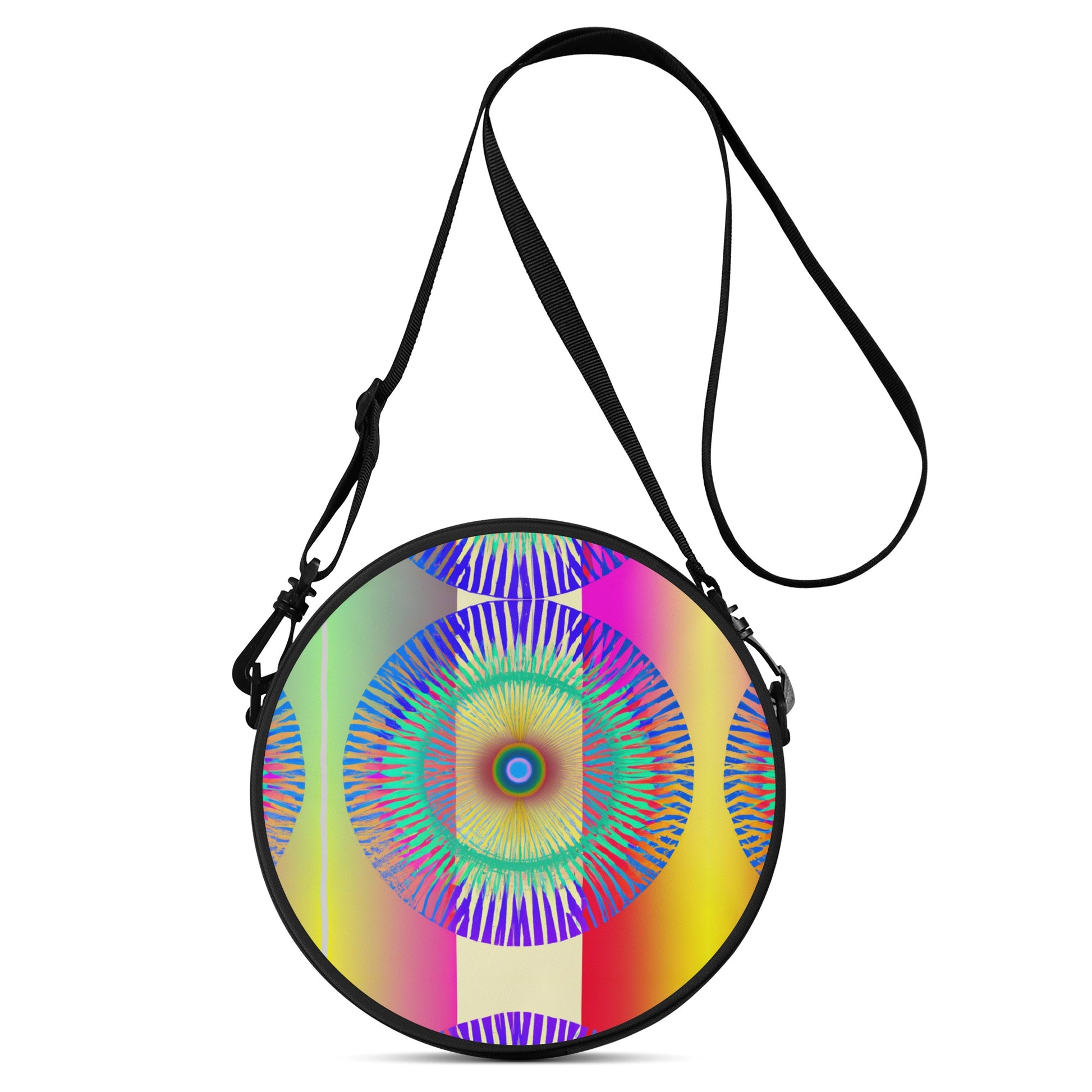 This Round Satchel Bag is a stylish accessory with a cool design that is digitally printed on the front.  Featuring a unique and multi coloured vibrant design of a psychedelia styled iris pattern.  Perfect for any look, its eye-catching design will ensure you stand out from the crowd! 