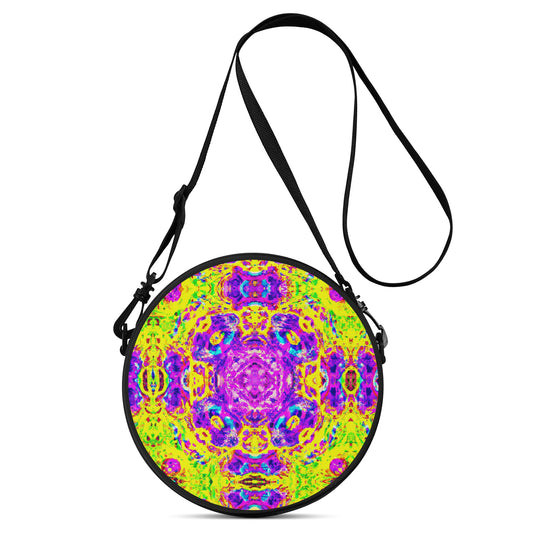 This Round Satchel Bag is a stylish accessory with a cool design that is digitally printed on the front.  Featuring a unique and multi coloured vibrant design of a psychedelia styled mania pattern.  Perfect for any look, its eye-catching design will ensure you stand out from the crowd! Unleash your creative side and make a statement with this bag!