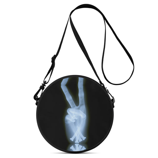 X-ray 2 Fingers Peace Sign Round Satchel Bag.  This groovy round satchel bag boasts a swanky digitally printed x-ray image of a peace sign.