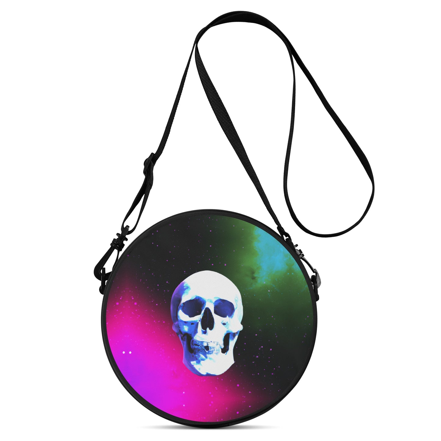 This cool round satchel bag has a vibrant digitally printed design.  Featuring a skull in a cool nebula space scene.
