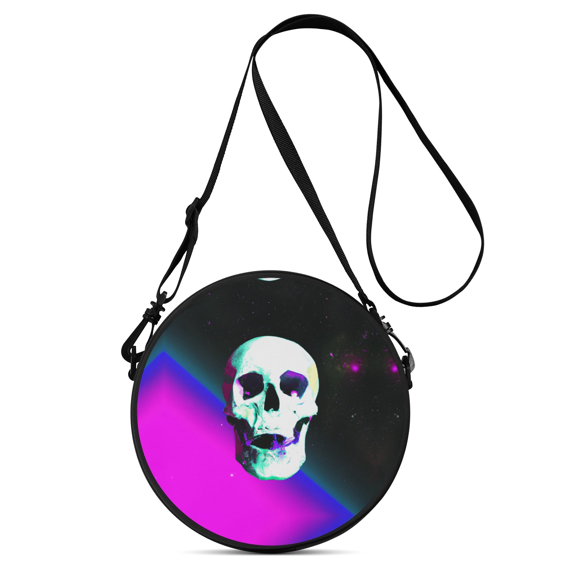 Rock this bold round satchel bag with its sick digital print - a skull in a daring nebula space scene.