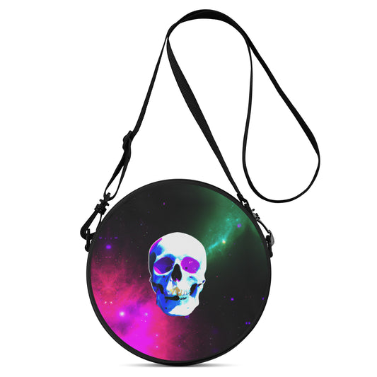 This awesome round satchel flaunts a funky printed design. It's a killer look with a lively skull in a swanky nebula landscape