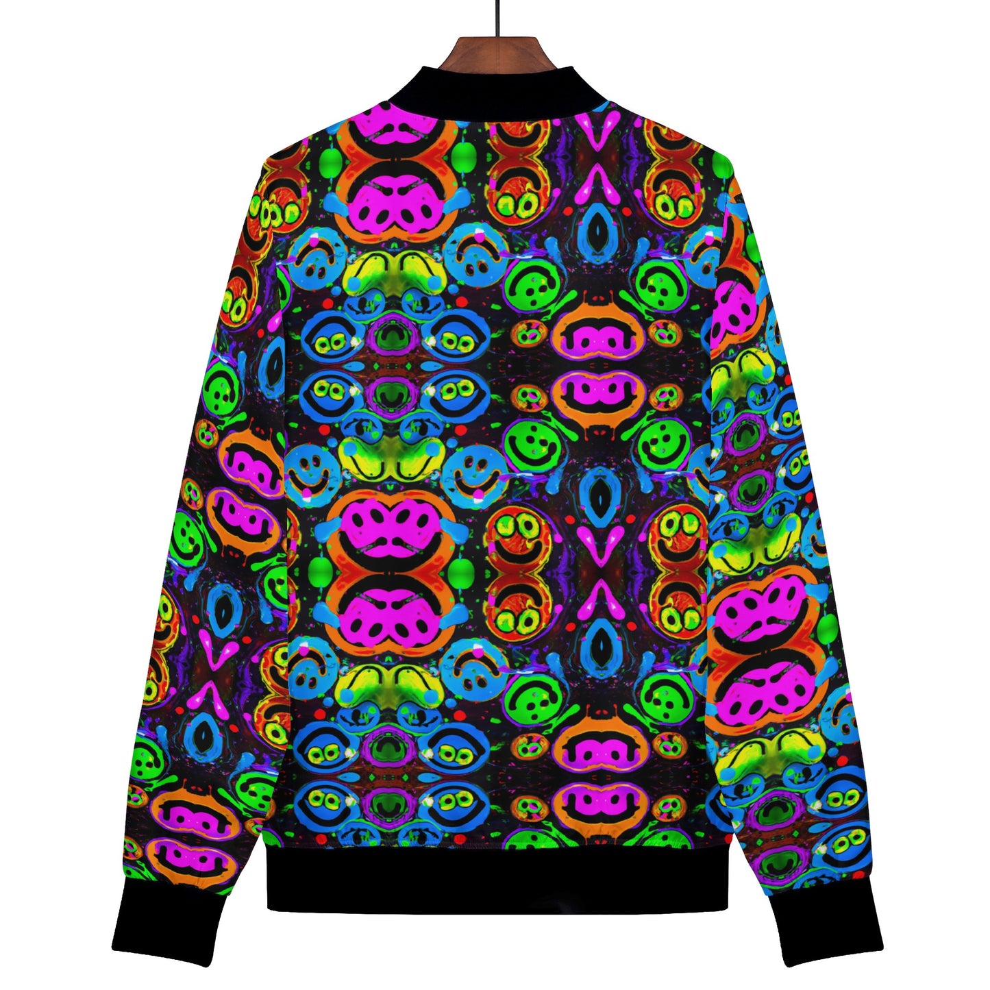 The acid-melted smiley faces create a vibrant and unique style that is sure to turn heads. Made with attention to detail, this custom printed jacket is crafted for quality and comfort. Whether you're going for a casual look or dressing up for a night out, this jacket ensures that you stand out in any crowd. Embrace your individuality and show off your bold fashion sense with the Neon Acid Smile Women's Bomber Jacket.The acid-melted smiley faces create a vibrant and unique style that is sure to turn