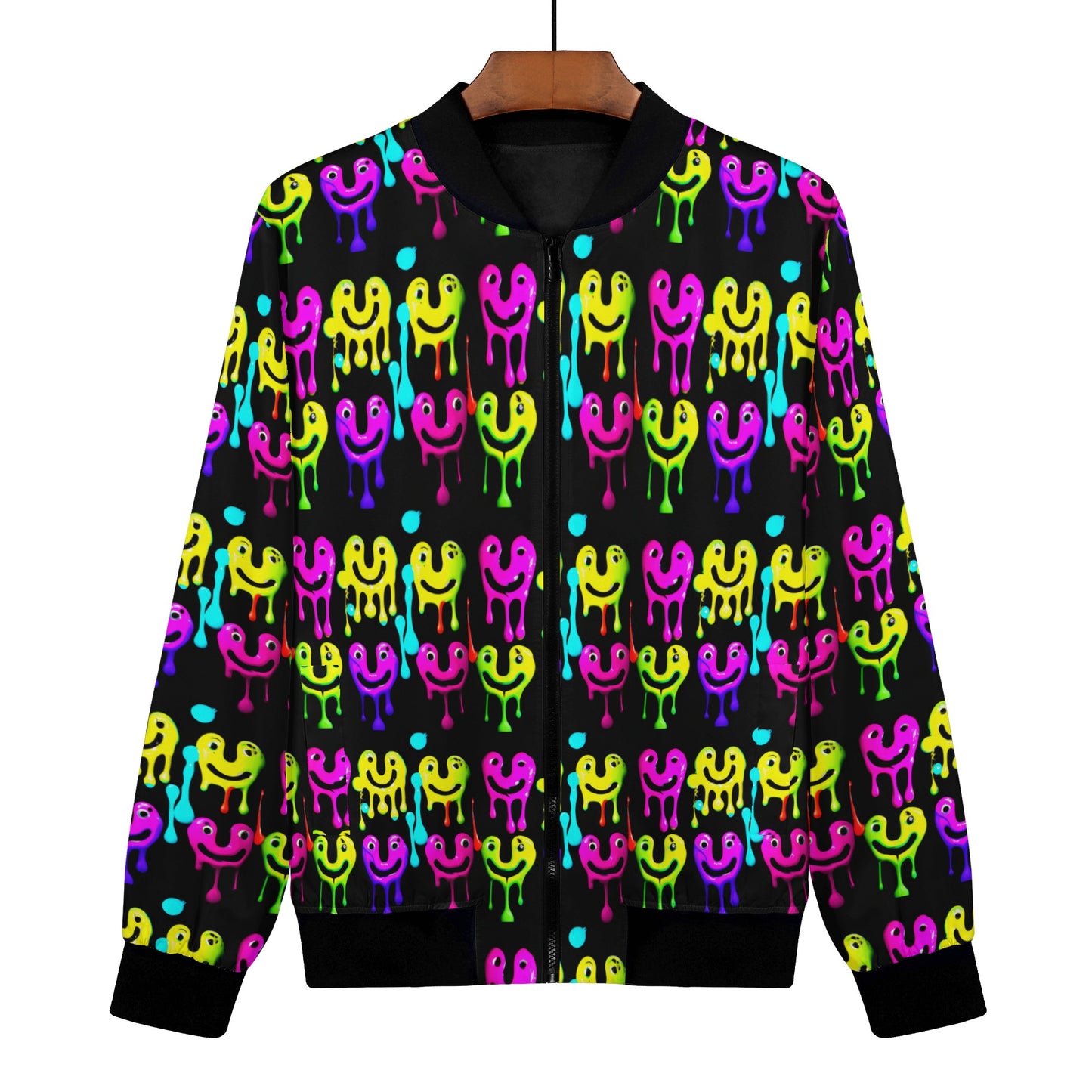 This women's bomber jacket has an all over digitally printed vibrant design.  This jacket is interesting and super cool.  Featuring the unique and super bright style of spray-painted smiley faces dripping over the entire garment.  