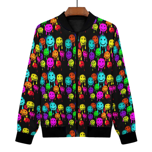 This women's bomber jacket has a vivid all over digitally printed vibrant design.  This jacket is beyond a standout statement piece and super cool modern vibe.  Featuring the neon infused super bright spray-painted style smiley faces over the entire garment, you will always have a premium outfit of the day addition. 
