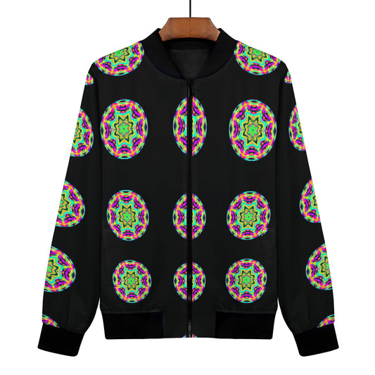 The Psychedelia Amnesia Women's Bomber Jacket is a true standout piece for those who want to embrace their individuality. With its digitally printed vibrant design, this jacket grabs attention with its bold and captivating colors. The all-over print design creates a super cool and eye-catching aesthetic that is sure to turn heads.  Elevate your wardrobe with the Psychedelia Amnesia Women's Bomber Jacket and unleash your one-of-a-kind style.