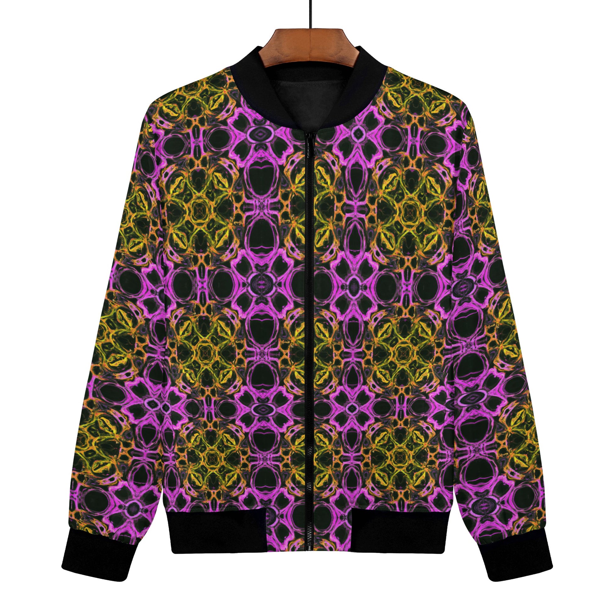 The Psychedelia Honeycomb Women's Bomber Jacket is a thrilling piece that awaits your next adventure. With its digitally printed design, this jacket showcases an outrageous and vibrant pattern that stretches across the entire garment, leaving a lasting impression. 