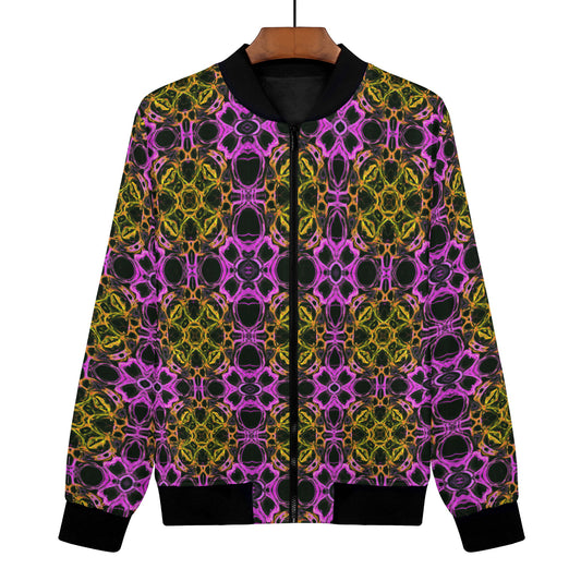 The Psychedelia Honeycomb Women's Bomber Jacket is a thrilling piece that awaits your next adventure. With its digitally printed design, this jacket showcases an outrageous and vibrant pattern that stretches across the entire garment, leaving a lasting impression. 
