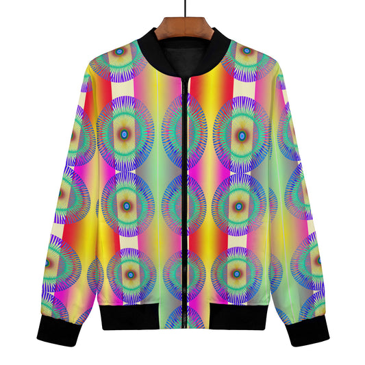 The Psychedelia Iris Women's Bomber Jacket is a must-have for those who want to make a bold fashion statement. This jacket features a digitally printed vibrant design that catches the eye. The unique and super bright psychedelic iris pattern covers the entire garment, creating an enchanting and distinctive look.