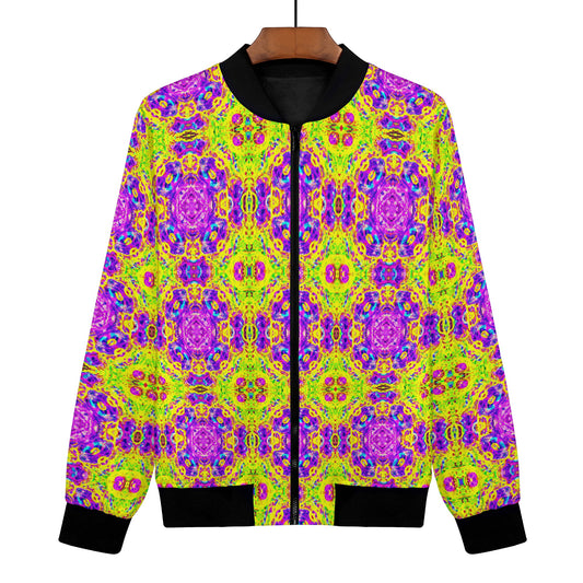 The Psychedelia Mania Women's Bomber Jacket features a vibrant digital print that is sure to catch the eye.  Allow yourself to be noticed and admired as you unleash a world of excitement with this cool jacket. Crafted with attention to detail, it combines both style and comfort for a flawless fit. 