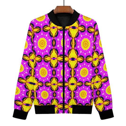 This jacket is bright, funky and super cool and is digitally printed.  The unique and super bright psychedelic passionfruit pattern features over the entire garment.  Be you, be seen and be wild in this women's bomber jacket that is one of a kind.