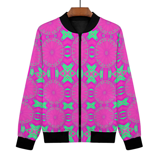 This women's bomber has a wild, digitally printed design, serving up some serious neon vibes. It's a totally different kind of cool, with a hyper-vibrant psychedelia purple and neon teal pattern spread across the whole piece.