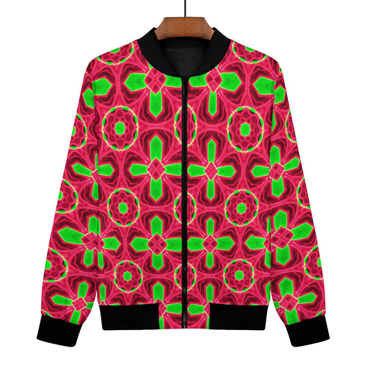 The Psychedelia Raspberry Women's Bomber Jacket is a true standout piece that will make a statement. With its all-over print and digitally printed vibrant design, this jacket demands attention.  Featuring the unique and super bright psychedelic raspberry pattern over the entire garment, this jacket adds a touch of individuality to your style. 