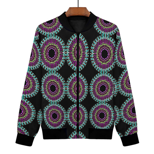 The Psychedelia Sphere Women's Bomber Jacket is the epitome of cool and uniqueness. With its digitally all-over printed vibrant design, this jacket is a true head-turner. The neon-bright colors and super cool appearance make it a must-have for fashion-forward women.