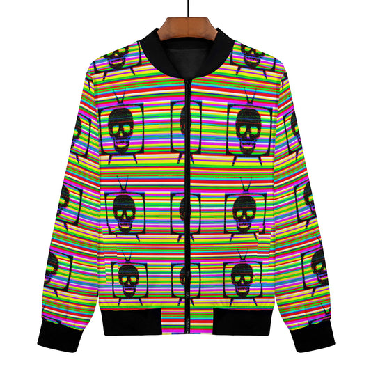 This women's bomber jacket boasts a bold, energetic rendition of the classic television test pattern, paired with an eye-catching skull design. The TV Death skull is dazzlingly vibrant.